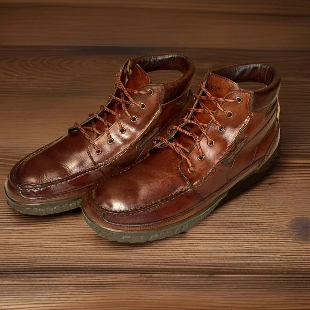ROCKY Cabin Collection Brown Leather Moc Toe Work Boots Lace Up Cabincore Sz 12‎